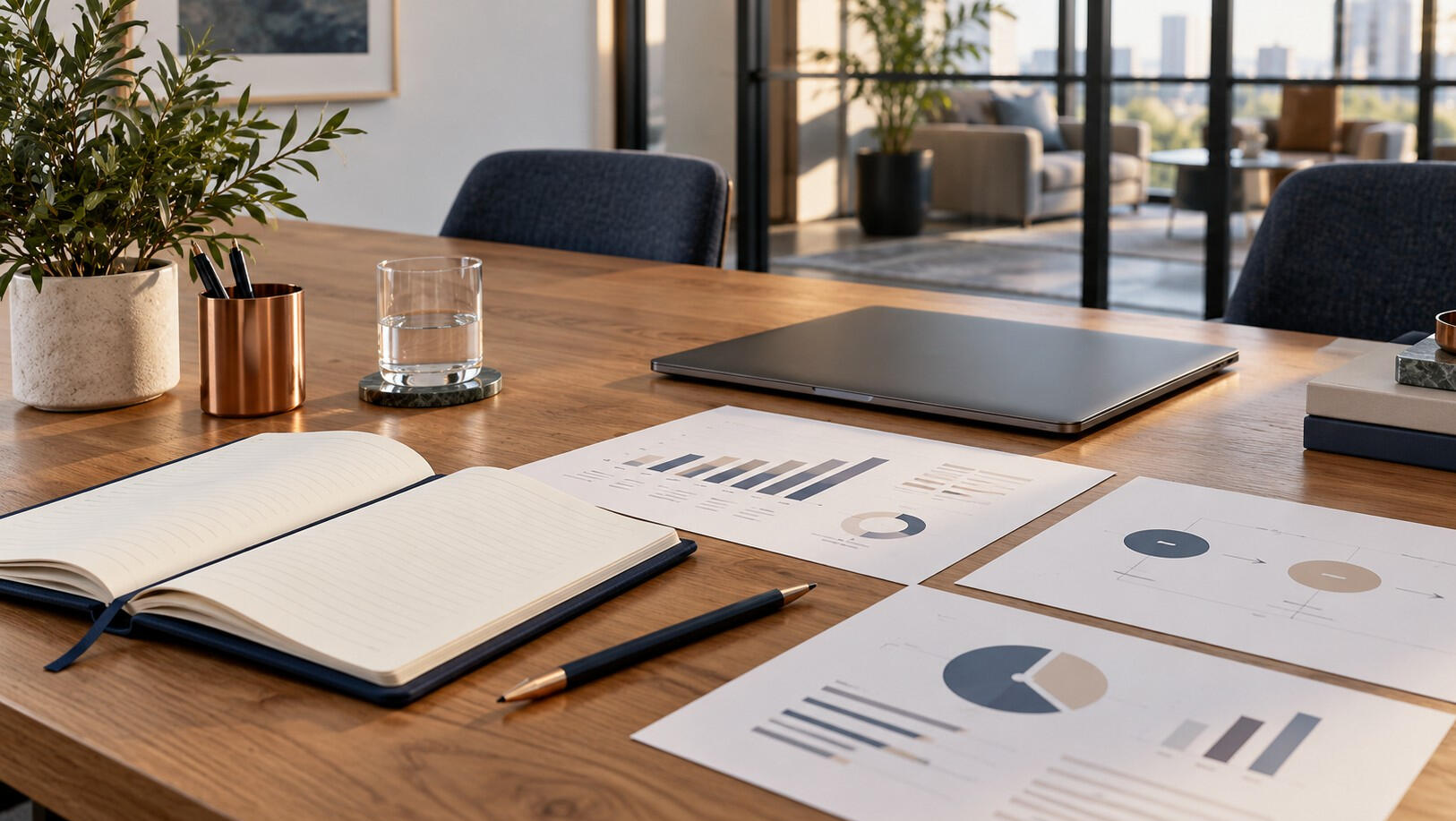 Illustrative business planning workspace with analysis sheets and a notebook.